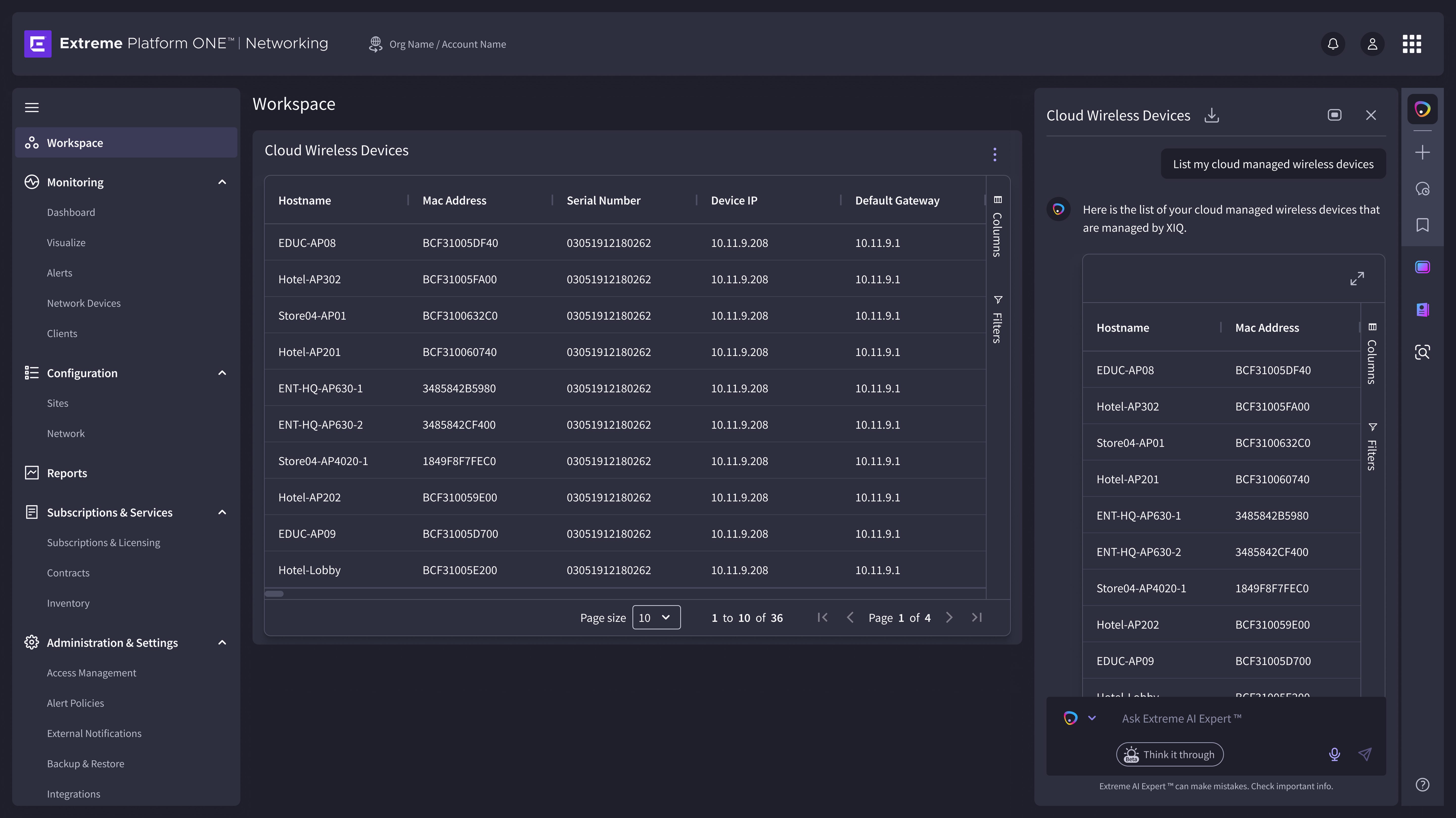EP1 Workspace — populated canvas with AI-generated data widgets